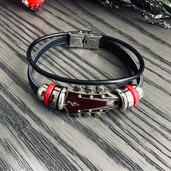 🎸New! Unisex Red Enamel Guitar Head Stock Black PU Leather 8” Rope Bracelet - Picture 17 of 17